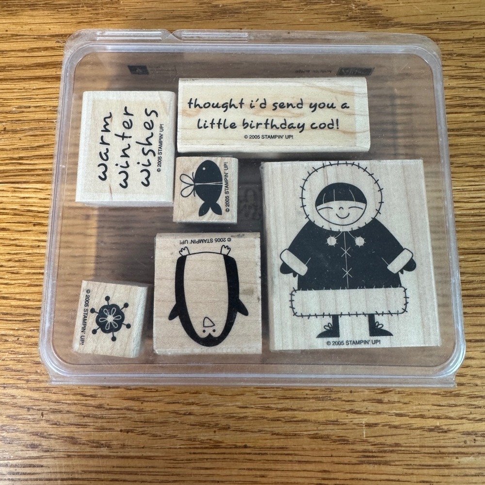 Stampin Up Polar Pals Wood Mounted Rubber Stamps Set of 6 Penguin Eskimo Winter